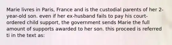 Marie livres in Paris, France and is the custodial parents of her 2-year-old son. even if her ex-husband fails to pay his court-ordered child support, the government sends Marie the full amount of supports awarded to her son. this proceed is referred ti in the text as: