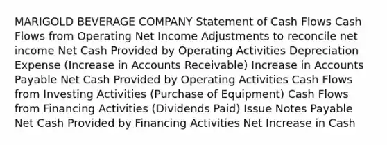 MARIGOLD BEVERAGE COMPANY Statement of Cash Flows Cash Flows from Operating Net Income Adjustments to reconcile net income Net Cash Provided by Operating Activities Depreciation Expense (Increase in Accounts Receivable) Increase in Accounts Payable Net Cash Provided by Operating Activities Cash Flows from Investing Activities (Purchase of Equipment) Cash Flows from Financing Activities (Dividends Paid) Issue Notes Payable Net Cash Provided by Financing Activities Net Increase in Cash