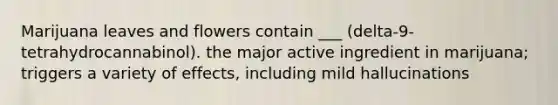 Marijuana leaves and flowers contain ___ (delta-9-tetrahydrocannabinol). the major active ingredient in marijuana; triggers a variety of effects, including mild hallucinations