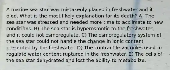 A marine sea star was mistakenly placed in freshwater and it died. What is the most likely explanation for its death? A) The sea star was stressed and needed more time to acclimate to new conditions. B) The sea star is hyperosmotic to the freshwater, and it could not osmoregulate. C) The osmoregulatory system of the sea star could not handle the change in ionic content presented by the freshwater. D) The contractile vacuoles used to regulate water content ruptured in the freshwater. E) The cells of the sea star dehydrated and lost the ability to metabolize.