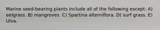 Marine seed-bearing plants include all of the following except: A) eelgrass. B) mangroves. C) Spartina alterniflora. D) surf grass. E) Ulva.