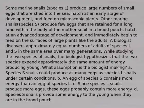 Some marine snails (species L) produce large numbers of small eggs that are shed into the sea, hatch at an early stage of development, and feed on microscopic plants. Other marine snails(species S) produce few eggs that are retained for a long time within the body of the mother snail in a brood pouch, hatch at an advanced stage of development, and immediately begin to feed on the surfaces of large plants like the adults. A biologist discovers approximately equal numbers of adults of species L and S in the same area over many generations. While studying the two species of snails, the biologist hypothesizes that the two species expend approximately the same amount of energy producing young. What assumption is the biologist making? a. Species S snails could produce as many eggs as species L snails under certain conditions. b. An egg of species S contains more energy than an egg of species L. c. Since species L snails produce more eggs, these eggs probably contain more energy. d. Species S snails provide some energy to the young when they are in the brood pouch