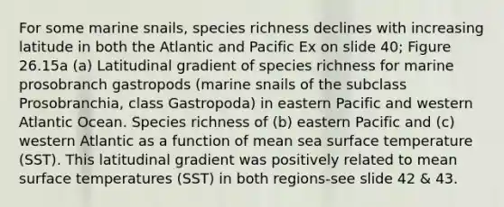 For some marine snails, species richness declines with increasing latitude in both the Atlantic and Pacific Ex on slide 40; Figure 26.15a (a) Latitudinal gradient of species richness for marine prosobranch gastropods (marine snails of the subclass Prosobranchia, class Gastropoda) in eastern Pacific and western Atlantic Ocean. Species richness of (b) eastern Pacific and (c) western Atlantic as a function of mean sea surface temperature (SST). This latitudinal gradient was positively related to mean surface temperatures (SST) in both regions-see slide 42 & 43.