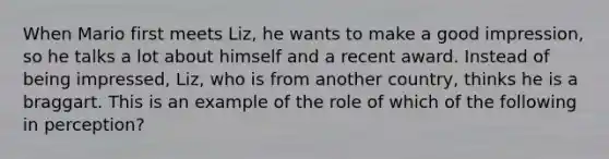 When Mario first meets Liz, he wants to make a good impression, so he talks a lot about himself and a recent award. Instead of being impressed, Liz, who is from another country, thinks he is a braggart. This is an example of the role of which of the following in perception?