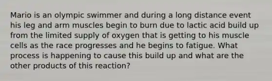 Mario is an olympic swimmer and during a long distance event his leg and arm muscles begin to burn due to lactic acid build up from the limited supply of oxygen that is getting to his muscle cells as the race progresses and he begins to fatigue. What process is happening to cause this build up and what are the other products of this reaction?