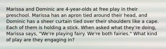 Marissa and Dominic are 4-year-olds at free play in their preschool. Marissa has an apron tied around their head, and Dominic has a sheer curtain tied over their shoulders like a cape. Each of them is holding a stick. When asked what they're doing, Marissa says, "We're playing fairy. We're both fairies." What kind of play are they engaging in?