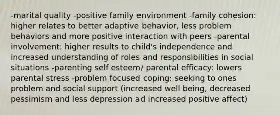 -marital quality -positive family environment -family cohesion: higher relates to better adaptive behavior, less problem behaviors and more positive interaction with peers -parental involvement: higher results to child's independence and increased understanding of roles and responsibilities in social situations -parenting self esteem/ parental efficacy: lowers parental stress -problem focused coping: seeking to ones problem and social support (increased well being, decreased pessimism and less depression ad increased positive affect)