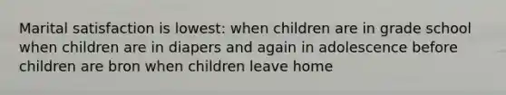 Marital satisfaction is lowest: when children are in grade school when children are in diapers and again in adolescence before children are bron when children leave home