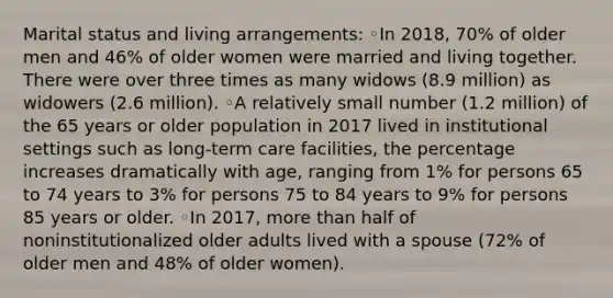 Marital status and living arrangements: ◦In 2018, 70% of older men and 46% of older women were married and living together. There were over three times as many widows (8.9 million) as widowers (2.6 million). ◦A relatively small number (1.2 million) of the 65 years or older population in 2017 lived in institutional settings such as long-term care facilities, the percentage increases dramatically with age, ranging from 1% for persons 65 to 74 years to 3% for persons 75 to 84 years to 9% for persons 85 years or older. ◦In 2017, more than half of noninstitutionalized older adults lived with a spouse (72% of older men and 48% of older women).