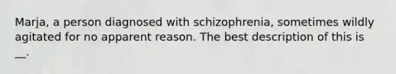 Marja, a person diagnosed with schizophrenia, sometimes wildly agitated for no apparent reason. The best description of this is __.