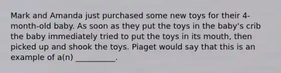 Mark and Amanda just purchased some new toys for their 4-month-old baby. As soon as they put the toys in the baby's crib the baby immediately tried to put the toys in its mouth, then picked up and shook the toys. Piaget would say that this is an example of a(n) __________.