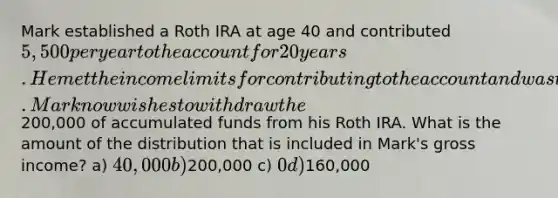 Mark established a Roth IRA at age 40 and contributed 5,500 per year to the account for 20 years. He met the income limits for contributing to the account and was therefore eligible to hold a Roth IRA. Mark now wishes to withdraw the200,000 of accumulated funds from his Roth IRA. What is the amount of the distribution that is included in Mark's gross income? a) 40,000 b)200,000 c) 0 d)160,000