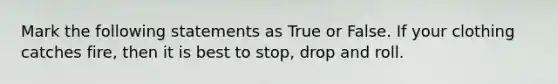 Mark the following statements as True or False. If your clothing catches fire, then it is best to stop, drop and roll.