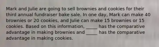 Mark and Julie are going to sell brownies and cookies for their third annual fundraiser bake sale. In one day, Mark can make 40 brownies or 20 cookies, and Julie can make 15 brownies or 15 cookies. Based on this information, _____ has the comparative advantage in making brownies and _____ has the comparative advantage in making cookies.