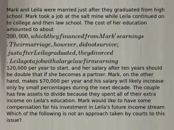 Mark and Leila were married just after they graduated from high school. Mark took a job at the salt mine while Leila continued on to college and then law school. The cost of her education amounted to about 200,000, which they financed from Mark's earnings. Their marriage, however, did not survive; just after Leila graduated, they divorced. Leila got a job with a large law firm earning120,000 per year to start, and her salary after ten years should be double that if she becomes a partner. Mark, on the other hand, makes 70,000 per year and his salary will likely increase only by small percentages during the next decade. The couple has few assets to divide because they spent all of their extra income on Leila's education. Mark would like to have some compensation for his investment in Leila's future income stream. Which of the following is not an approach taken by courts to this issue?