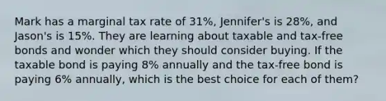 Mark has a marginal tax rate of 31%, Jennifer's is 28%, and Jason's is 15%. They are learning about taxable and tax-free bonds and wonder which they should consider buying. If the taxable bond is paying 8% annually and the tax-free bond is paying 6% annually, which is the best choice for each of them?