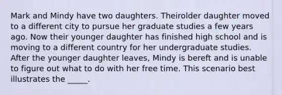 ​Mark and Mindy have two daughters. Theirolder daughter moved to a different city to pursue her graduate studies a few years ago. Now their younger daughter has finished high school and is moving to a different country for her undergraduate studies. After the younger daughter leaves, Mindy is bereft and is unable to figure out what to do with her free time. This scenario best illustrates the _____.