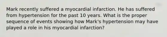 Mark recently suffered a myocardial infarction. He has suffered from hypertension for the past 10 years. What is the proper sequence of events showing how Mark's hypertension may have played a role in his myocardial infarction?