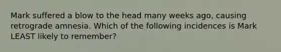 Mark suffered a blow to the head many weeks ago, causing retrograde amnesia. Which of the following incidences is Mark LEAST likely to remember?