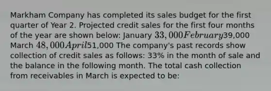 Markham Company has completed its sales budget for the first quarter of Year 2. Projected credit sales for the first four <a href='https://www.questionai.com/knowledge/k6uMIXnU6l-months-of-the-year' class='anchor-knowledge'>months of the year</a> are shown below: January 33,000 February39,000 March 48,000 April51,000 The company's past records show collection of credit sales as follows: 33% in the month of sale and the balance in the following month. The total cash collection from receivables in March is expected to be: