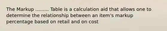 The Markup ......... Table is a calculation aid that allows one to determine the relationship between an item's markup percentage based on retail and on cost