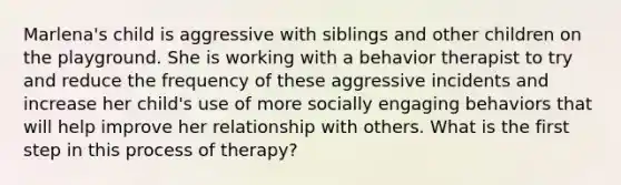 Marlena's child is aggressive with siblings and other children on the playground. She is working with a behavior therapist to try and reduce the frequency of these aggressive incidents and increase her child's use of more socially engaging behaviors that will help improve her relationship with others. What is the first step in this process of therapy?