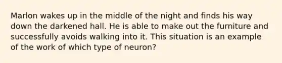 Marlon wakes up in the middle of the night and finds his way down the darkened hall. He is able to make out the furniture and successfully avoids walking into it. This situation is an example of the work of which type of neuron?