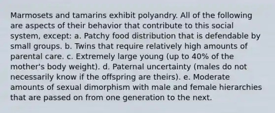 Marmosets and tamarins exhibit polyandry. All of the following are aspects of their behavior that contribute to this social system, except: a. Patchy food distribution that is defendable by small groups. b. Twins that require relatively high amounts of parental care. c. Extremely large young (up to 40% of the mother's body weight). d. Paternal uncertainty (males do not necessarily know if the offspring are theirs). e. Moderate amounts of sexual dimorphism with male and female hierarchies that are passed on from one generation to the next.