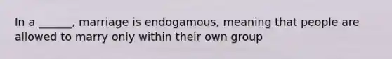 In a ______, marriage is endogamous, meaning that people are allowed to marry only within their own group