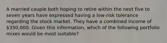 A married couple both hoping to retire within the next five to seven years have expressed having a low-risk tolerance regarding the stock market. They have a combined income of 350,000. Given this information, which of the following portfolio mixes would be most suitable?