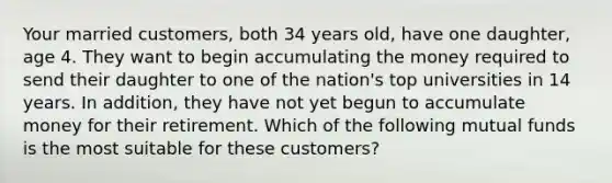 Your married customers, both 34 years old, have one daughter, age 4. They want to begin accumulating the money required to send their daughter to one of the nation's top universities in 14 years. In addition, they have not yet begun to accumulate money for their retirement. Which of the following mutual funds is the most suitable for these customers?