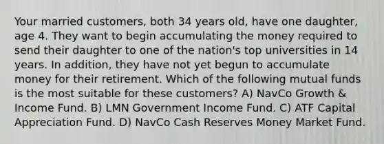 Your married customers, both 34 years old, have one daughter, age 4. They want to begin accumulating the money required to send their daughter to one of the nation's top universities in 14 years. In addition, they have not yet begun to accumulate money for their retirement. Which of the following mutual funds is the most suitable for these customers? A) NavCo Growth & Income Fund. B) LMN Government Income Fund. C) ATF Capital Appreciation Fund. D) NavCo Cash Reserves Money Market Fund.