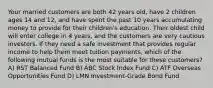 Your married customers are both 42 years old, have 2 children ages 14 and 12, and have spent the past 10 years accumulating money to provide for their children's education. Their oldest child will enter college in 4 years, and the customers are very cautious investors. If they need a safe investment that provides regular income to help them meet tuition payments, which of the following mutual funds is the most suitable for these customers? A) RST Balanced Fund B) ABC Stock Index Fund C) ATF Overseas Opportunities Fund D) LMN Investment-Grade Bond Fund