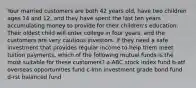 Your married customers are both 42 years old, have two children ages 14 and 12, and they have spent the last ten years accumulating money to provide for their children's education. Their oldest child will enter college in four years, and the customers are very cautious investors. If they need a safe investment that provides regular income to help them meet tuition payments, which of the following mutual funds is the most suitable for these customers? a-ABC stock index fund b-atf overseas opportunities fund c-lmn investment grade bond fund d-rst balanced fund