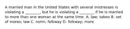 A married man in the United States with several mistresses is violating a ________, but he is violating a ________ if he is married to more than one woman at the same time. A. law; taboo B. set of mores; law C. norm; folkway D. folkway; more