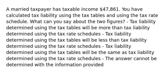 A married taxpayer has taxable income 47,861. You have calculated tax liability using the tax tables and using the tax rate schedule. What can you say about the two figures? - Tax liability determined using the tax tables will be more than tax liability determined using the tax rate schedules - Tax liability determined using the tax tables will be less than tax liability determined using the tax rate schedules - Tax liability determined using the tax tables will be the same as tax liability determined using the tax rate schedules - The answer cannot be determined with the information provided