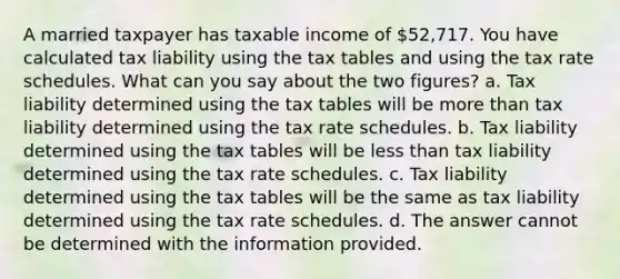 A married taxpayer has taxable income of 52,717. You have calculated tax liability using the tax tables and using the tax rate schedules. What can you say about the two figures? a. Tax liability determined using the tax tables will be more than tax liability determined using the tax rate schedules. b. Tax liability determined using the tax tables will be less than tax liability determined using the tax rate schedules. c. Tax liability determined using the tax tables will be the same as tax liability determined using the tax rate schedules. d. The answer cannot be determined with the information provided.