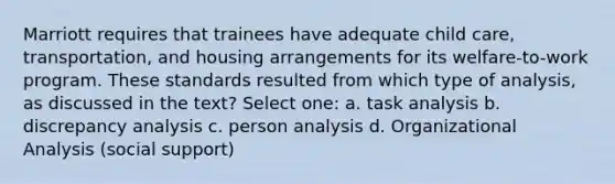 Marriott requires that trainees have adequate child care, transportation, and housing arrangements for its welfare-to-work program. These standards resulted from which type of analysis, as discussed in the text? Select one: a. task analysis b. discrepancy analysis c. person analysis d. Organizational Analysis (social support)