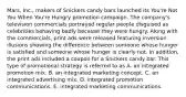 Mars, Inc., makers of Snickers candy bars launched its You're Not You When You're Hungry promotion campaign. The company's television commercials portrayed regular people disguised as celebrities behaving badly because they were hungry. Along with the commercials, print ads were released featuring inversion illusions showing the difference between someone whose hunger is satisfied and someone whose hunger is clearly not. In addition, the print ads included a coupon for a Snickers candy bar. This type of promotional strategy is referred to as A. an integrated promotion mix. B. an integrated marketing concept. C. an integrated advertising mix. D. integrated promotion communications. E. integrated marketing communications.