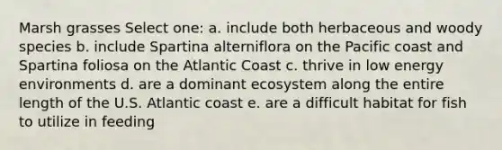 Marsh grasses Select one: a. include both herbaceous and woody species b. include Spartina alterniflora on the Pacific coast and Spartina foliosa on the Atlantic Coast c. thrive in low energy environments d. are a dominant ecosystem along the entire length of the U.S. Atlantic coast e. are a difficult habitat for fish to utilize in feeding