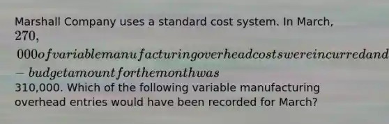 Marshall Company uses a standard cost system. In March, 270,000 of variable manufacturing overhead costs were incurred and the flexible-budget amount for the month was310,000. Which of the following variable manufacturing overhead entries would have been recorded for March?