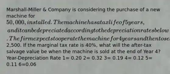 Marshall-Miller & Company is considering the purchase of a new machine for 50,000, installed. The machine has a tax life of 5 years, and it can be depreciated according to the depreciation rates below. The firm expects to operate the machine for 4 years and then to sell it for2,500. If the marginal tax rate is 40%, what will the after-tax salvage value be when the machine is sold at the end of Year 4? Year-Depreciation Rate 1= 0.20 2= 0.32 3= 0.19 4= 0.12 5= 0.11 6=0.06