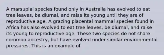 A marsupial species found only in Australia has evolved to eat tree leaves, be diurnal, and raise its young until they are of reproductive age. A grazing placental mammal species found in Africa has also evolved to eat tree leaves, be diurnal, and raise its young to reproductive age. These two species do not share common ancestry, but have evolved under similar environmental pressures. This is an example of