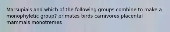 Marsupials and which of the following groups combine to make a monophyletic group? primates birds carnivores placental mammals monotremes