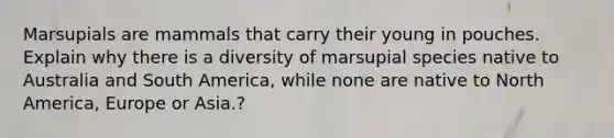 Marsupials are mammals that carry their young in pouches. Explain why there is a diversity of marsupial species native to Australia and South America, while none are native to North America, Europe or Asia.?