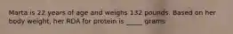 Marta is 22 years of age and weighs 132 pounds. Based on her body weight, her RDA for protein is _____ grams