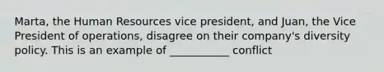 Marta, the Human Resources vice president, and Juan, the Vice President of operations, disagree on their company's diversity policy. This is an example of ___________ conflict