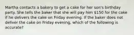 Martha contacts a bakery to get a cake for her son's birthday party. She tells the baker that she will pay him 150 for the cake if he delivers the cake on Friday evening. If the baker does not deliver the cake on Friday evening, which of the following is accurate?