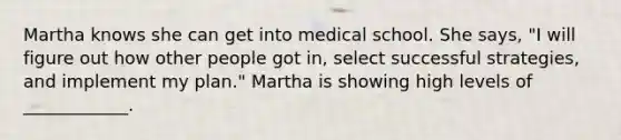 Martha knows she can get into medical school. She says, "I will figure out how other people got in, select successful strategies, and implement my plan." Martha is showing high levels of ____________.