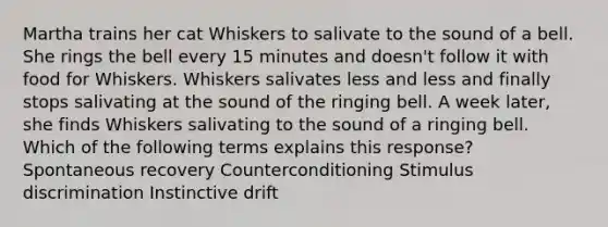 Martha trains her cat Whiskers to salivate to the sound of a bell. She rings the bell every 15 minutes and doesn't follow it with food for Whiskers. Whiskers salivates less and less and finally stops salivating at the sound of the ringing bell. A week later, she finds Whiskers salivating to the sound of a ringing bell. Which of the following terms explains this response? Spontaneous recovery Counterconditioning Stimulus discrimination Instinctive drift